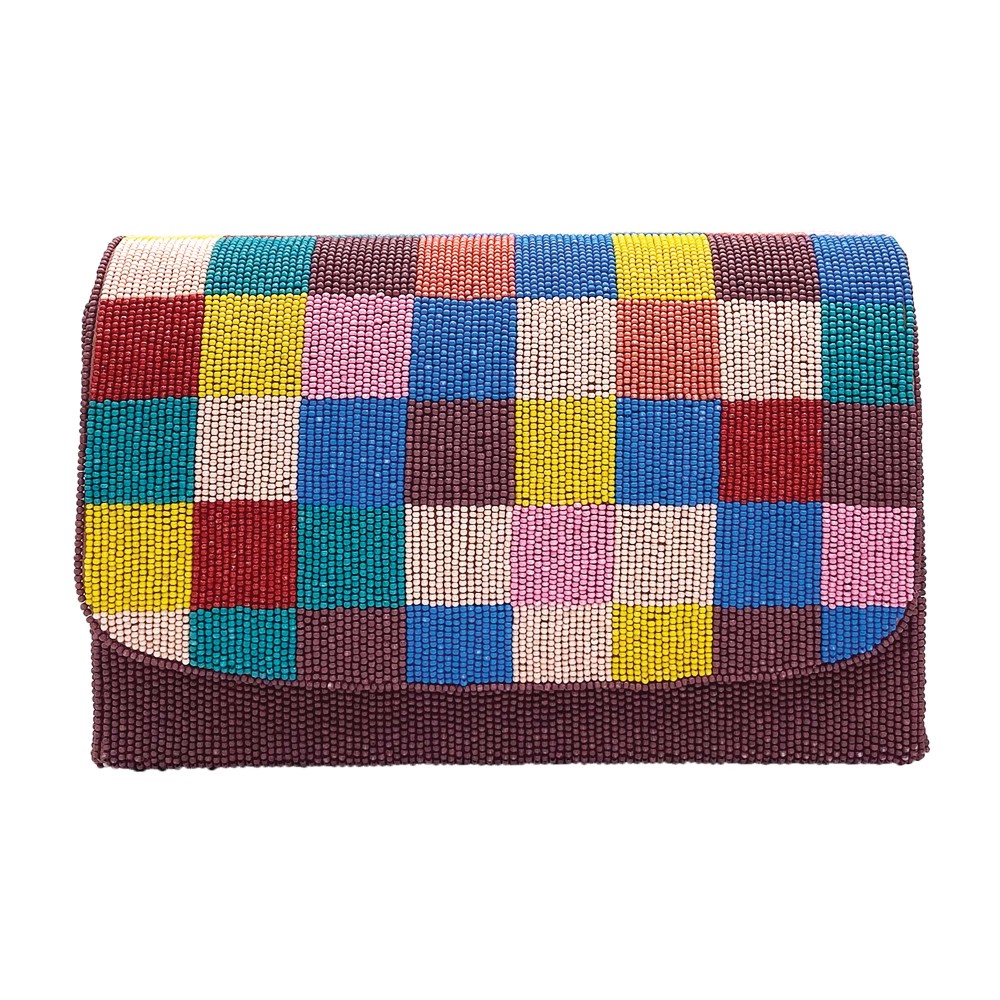Multi Colored Tile Beaded Handbag With Detachable Chain Strap - One Inner Pocket - Magnetic Closure - Approximately 9.5"L X 2.5"W X 6"T - Approximately 21" Drop view 2