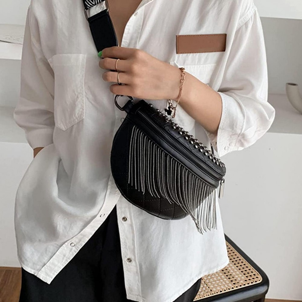 Studded Faux Leather Quilt Stitch Cross Body Sling Bag With Ball Chain Tassels and Adjustable Strap - Two Inner Pockets: One Zipper / One Open - Adjustable/Removable Strap - Approximately 9" L x 5.5" T x 3" W - 100% PU view 2