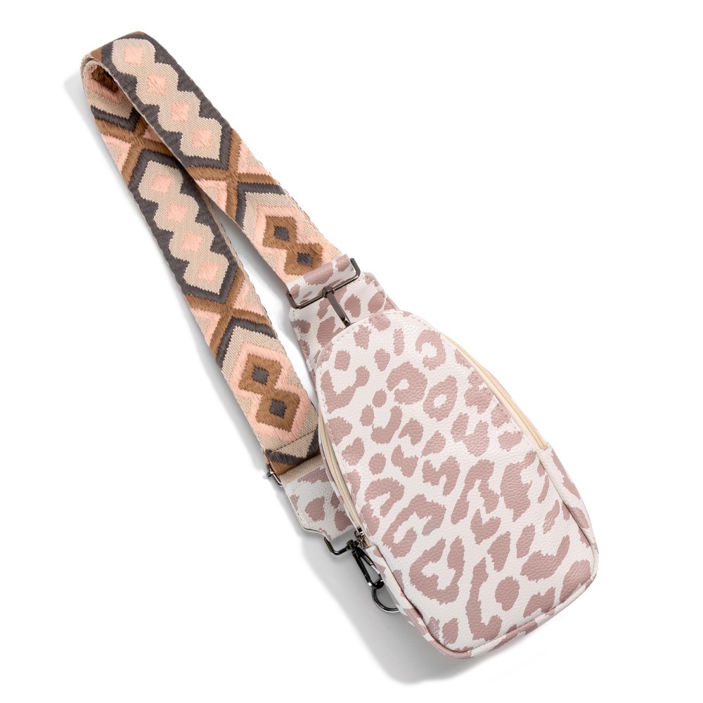 Animal Print Vegan Leather Sling Bag With Detachable Guitar Strap - Main Body Full Zipper Closure - Hidden Front Pocket With 3 Card Slots and Button Closure - Length And Side Adjustable Strap (Approximately 17-48" L X 2" W) - Bag Body Approximately 8" W X 7" T view 2