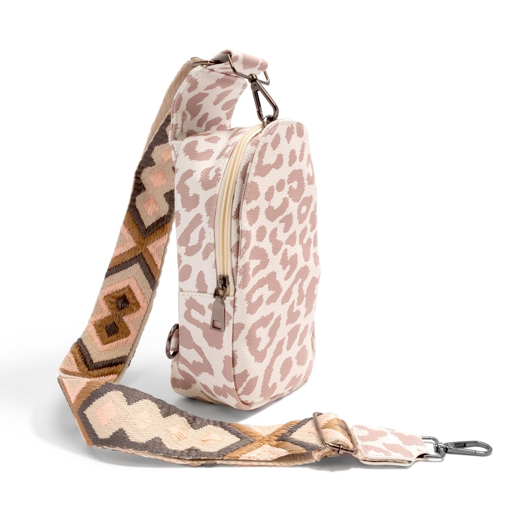 Animal Print Vegan Leather Sling Bag With Detachable Guitar Strap - Main Body Full Zipper Closure - Hidden Front Pocket With 3 Card Slots and Button Closure - Length And Side Adjustable Strap (Approximately 17-48" L X 2" W) - Bag Body Approximately 8" W X 7" T view 4