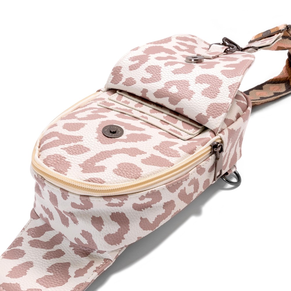 Animal Print Vegan Leather Sling Bag With Detachable Guitar Strap - Main Body Full Zipper Closure - Hidden Front Pocket With 3 Card Slots and Button Closure - Length And Side Adjustable Strap (Approximately 17-48" L X 2" W) - Bag Body Approximately 8" W X 7" T view 6