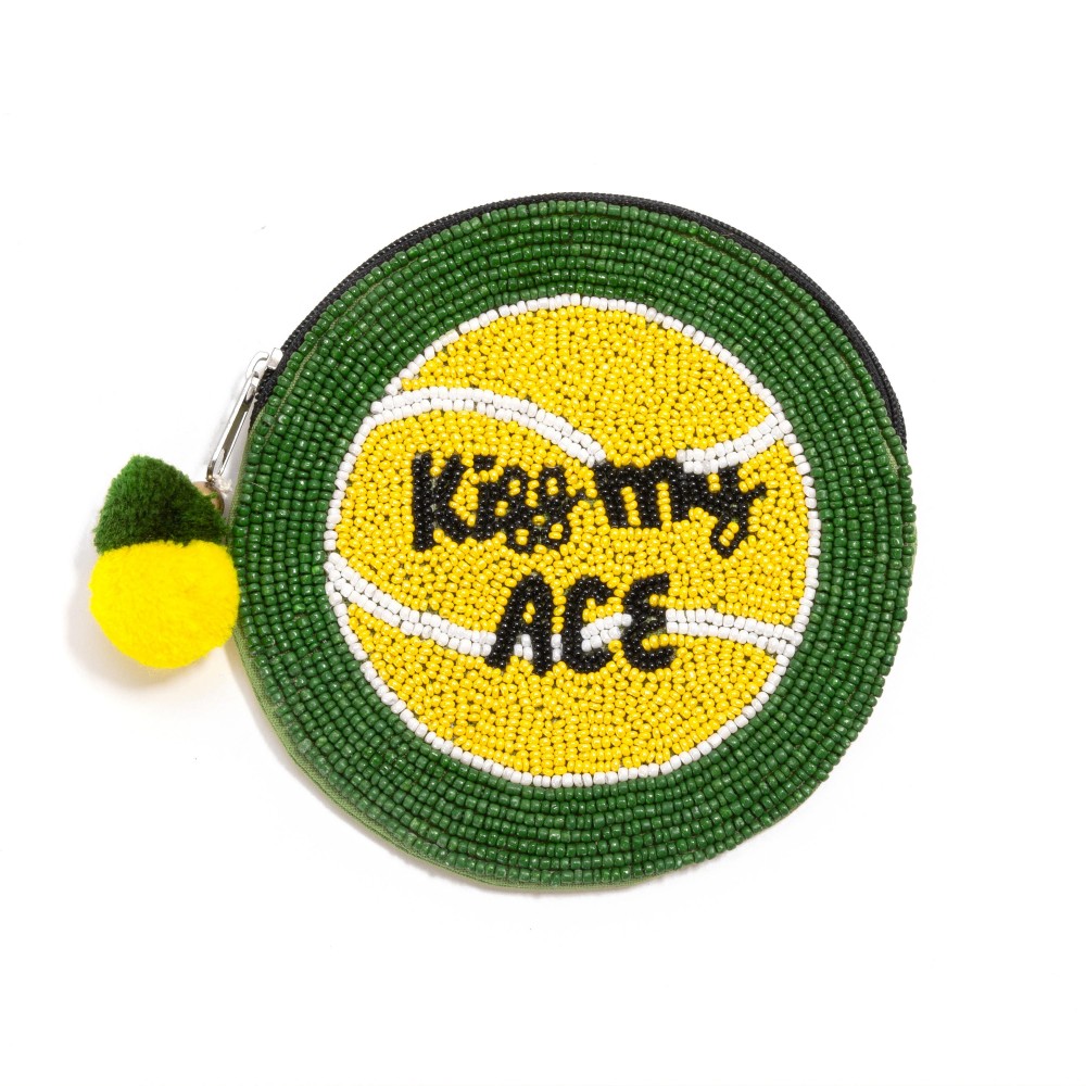 Seed Bead "Kiss My Ace" Tennis Ball Coin Pouch With Pom Pom Zipper - Zipper Closure - Lined Inside - Approximately 5" Diameter - 100% Cotton view 2