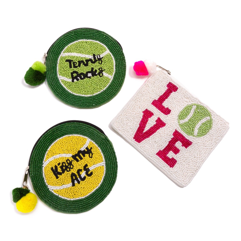 Seed Bead "Kiss My Ace" Tennis Ball Coin Pouch With Pom Pom Zipper - Zipper Closure - Lined Inside - Approximately 5" Diameter - 100% Cotton view 4