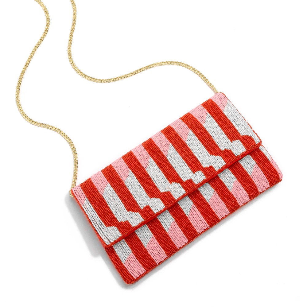 Seed Bead Stripe Design Cross Body Bag - Magnetic Closure - Lined Inside - Chain Strap - One Open Inner Pocket - Approximately 10" L x 6" T - Strap Drop Approximately 20" L - 100% Cotton view 2