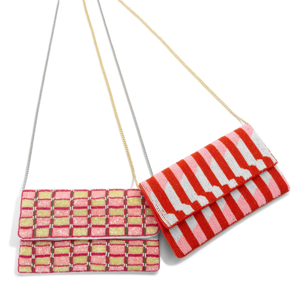 Seed Bead Stripe Design Cross Body Bag - Magnetic Closure - Lined Inside - Chain Strap - One Open Inner Pocket - Approximately 10" L x 6" T - Strap Drop Approximately 20" L - 100% Cotton view 4
