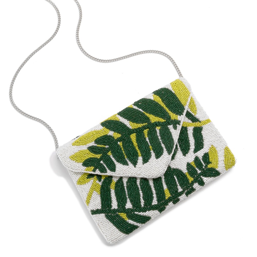 Seed Bead Fern Fronds Cross Body Envelope Bag - Magnetic Closure - Lined Inside - Chain Strap - One Open Inner Pocket - Approximately 10" L x 7" T - Strap Drop Approximately 20" L - 100% Cotton view 2