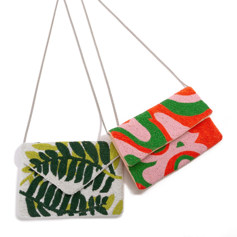 Seed Bead Fern Fronds Cross Body Envelope Bag - Magnetic Closure - Lined Inside - Chain Strap - One Open Inner Pocket - Approximately 10" L x 7" T - Strap Drop Approximately 20" L - 100% Cotton view 4