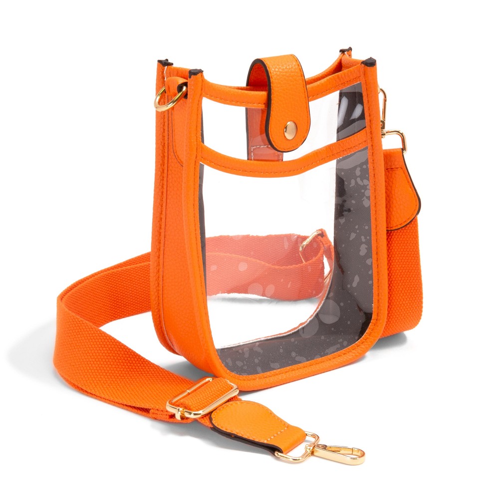 Clear PU Cross Body Bag With Leather Walls and Trim Featuring Leather Snap Latch Closure - One Outer Open Pocket - Detachable/Adjustable Canvas Strap - Approximately 8" T x 6" L x 3" W - Strap Drop 15" - 24" L view 2