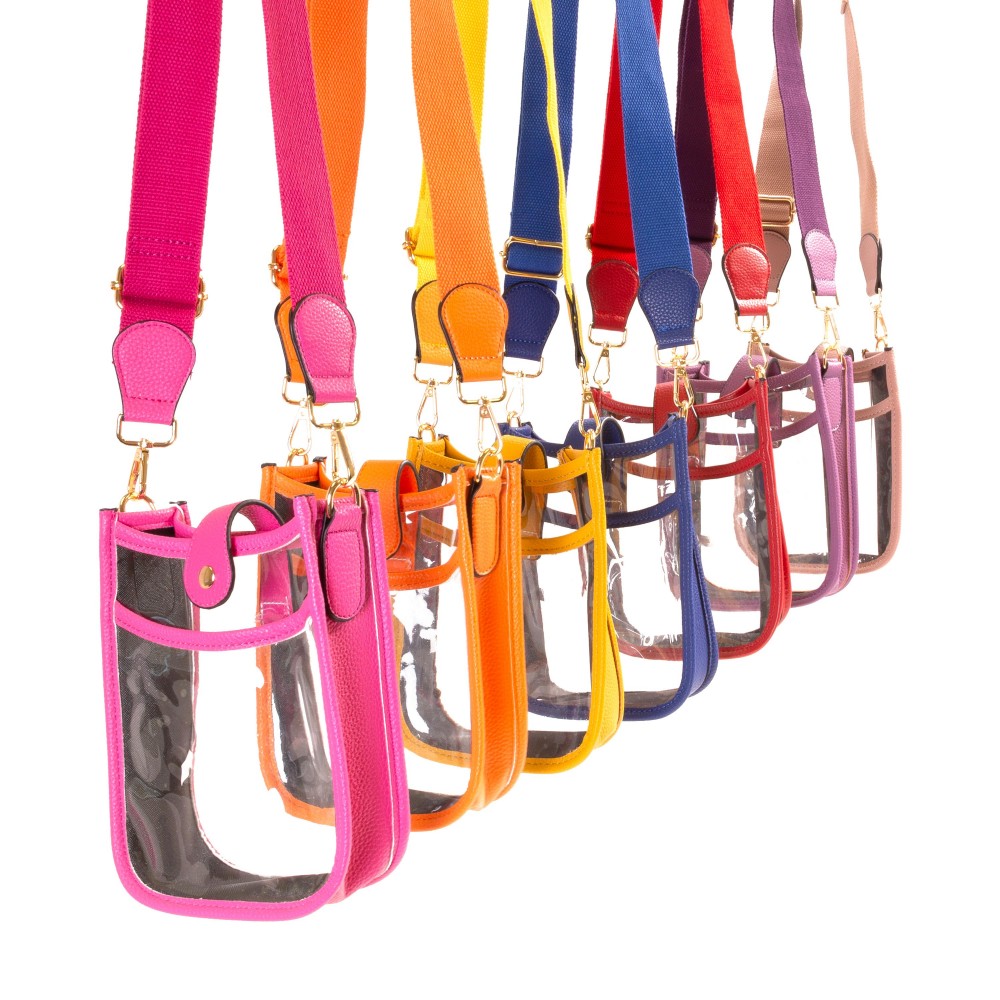 Clear PU Cross Body Bag With Leather Walls and Trim Featuring Leather Snap Latch Closure - One Outer Open Pocket - Detachable/Adjustable Canvas Strap - Approximately 8" T x 6" L x 3" W - Strap Drop 15" - 24" L view 6