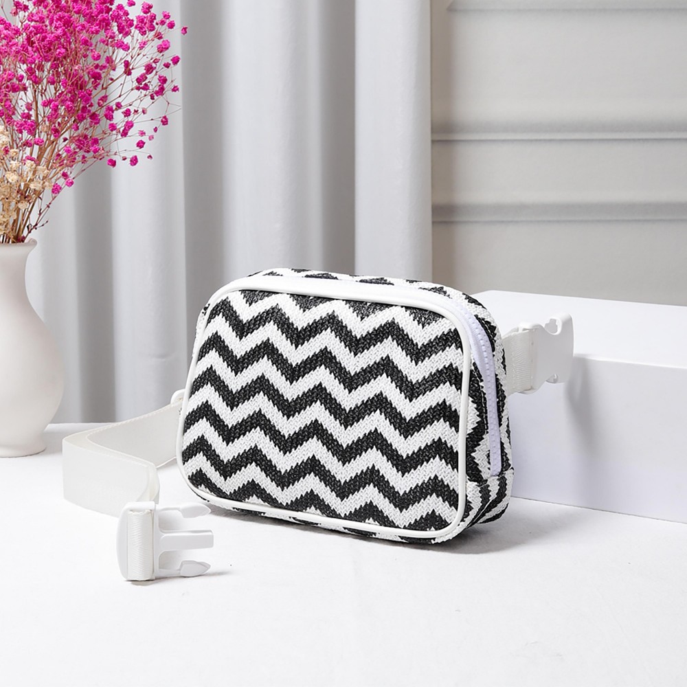Zig-Zag Straw Sling Belt Bag Featuring Leather Trim - Adjustable Buckle Cross Body Strap - Full Zip Closure - Lined - Three Inner Mesh Pockets - Approximately 8"W x 5.5"H x 2.5"D view 2