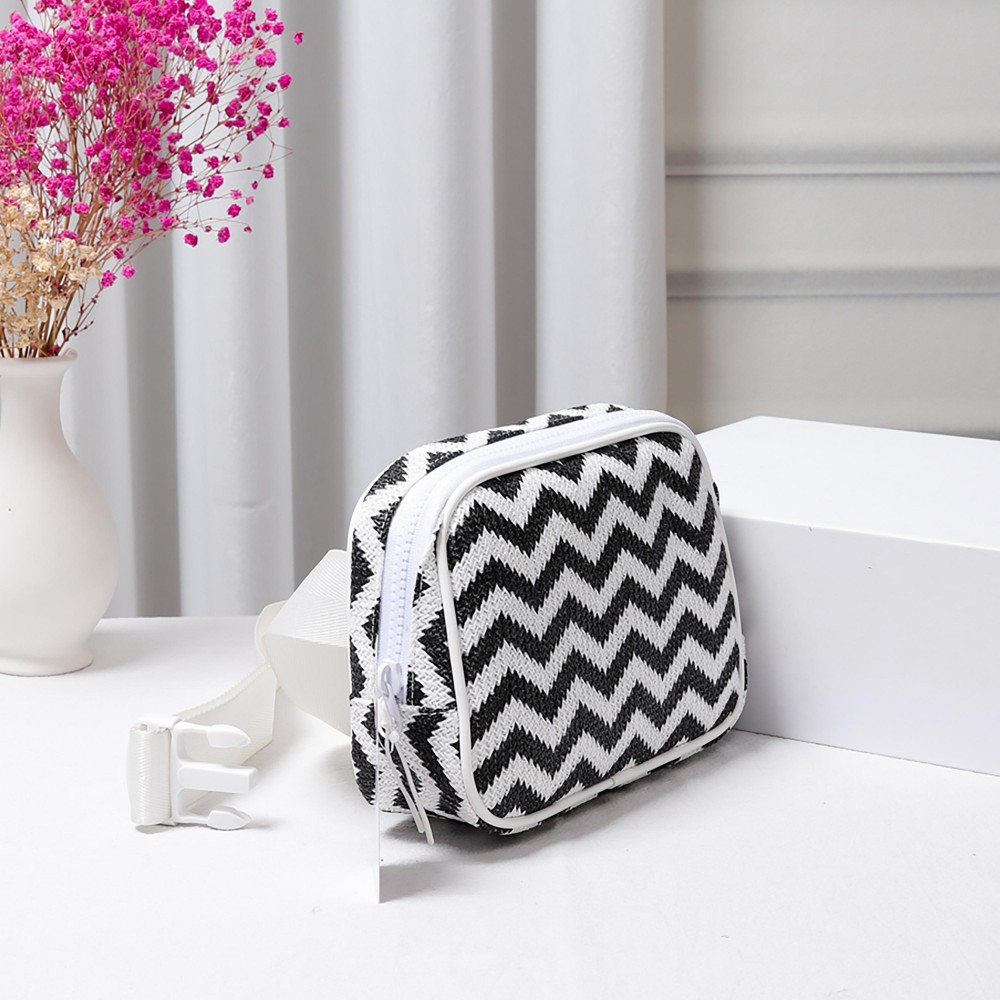 Zig-Zag Straw Sling Belt Bag Featuring Leather Trim - Adjustable Buckle Cross Body Strap - Full Zip Closure - Lined - Three Inner Mesh Pockets - Approximately 8"W x 5.5"H x 2.5"D view 4