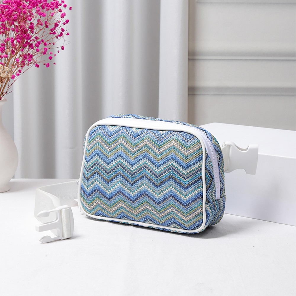 Zig-Zag Straw Sling Belt Bag Featuring Leather Trim - Adjustable Buckle Cross Body Strap - Full Zip Closure - Lined - Three Inner Mesh Pockets - Approximately 8"W x 5.5"H x 2.5"D view 2