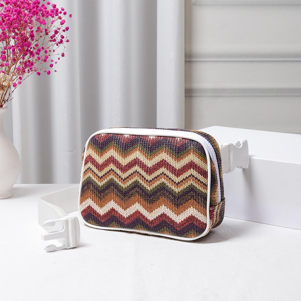 Zig-Zag Straw Sling Belt Bag Featuring Leather Trim - Adjustable Buckle Cross Body Strap - Full Zip Closure - Lined - Three Inner Mesh Pockets - Approximately 8"W x 5.5"H x 2.5"D view 2