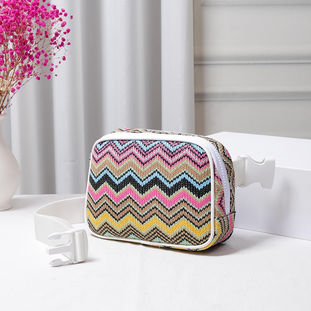 Zig-Zag Straw Sling Belt Bag Featuring Leather Trim - Adjustable Buckle Cross Body Strap - Full Zip Closure - Lined - Three Inner Mesh Pockets - Approximately 8"W x 5.5"H x 2.5"D view 2