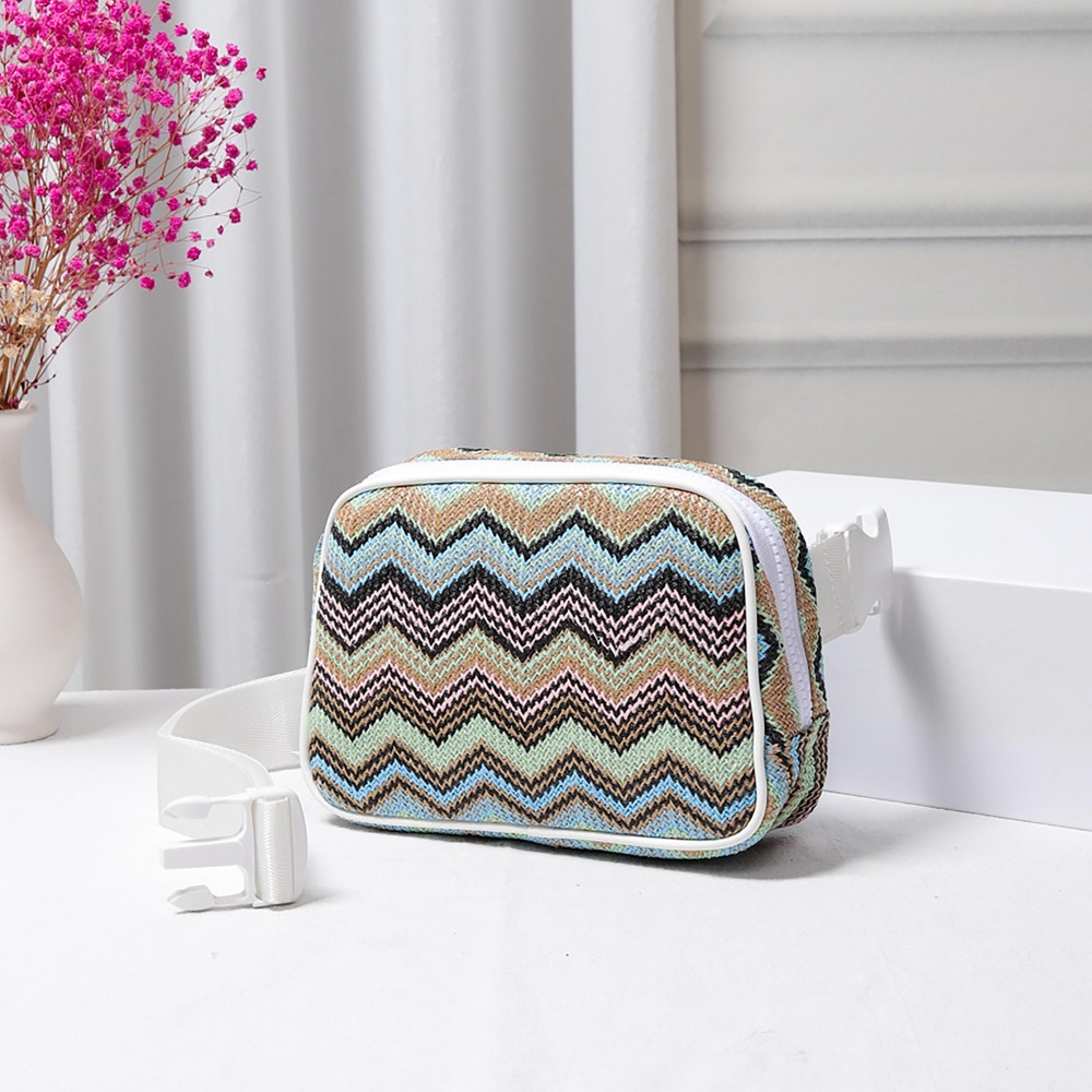 Zig-Zag Straw Sling Belt Bag Featuring Leather Trim - Adjustable Buckle Cross Body Strap - Full Zip Closure - Lined - Three Inner Mesh Pockets - Approximately 8"W x 5.5"H x 2.5"D view 2