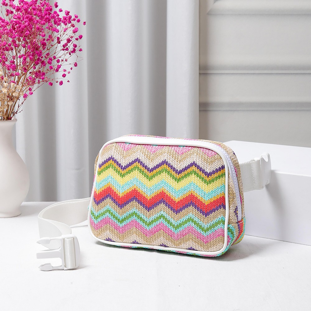 Zig-Zag Straw Sling Belt Bag Featuring Leather Trim - Adjustable Buckle Cross Body Strap - Full Zip Closure - Lined - Three Inner Mesh Pockets - Approximately 8"W x 5.5"H x 2.5"D view 2