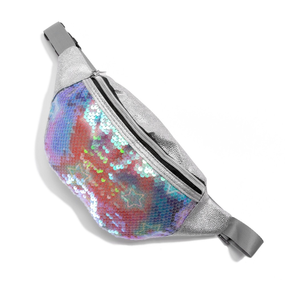Silver Metallic Faux Leather and Sequin Fanny Pack Sling Bag - Full Zip Closure - Adjustable Buckle Strap - Approximately 11"L x 5"H view 2