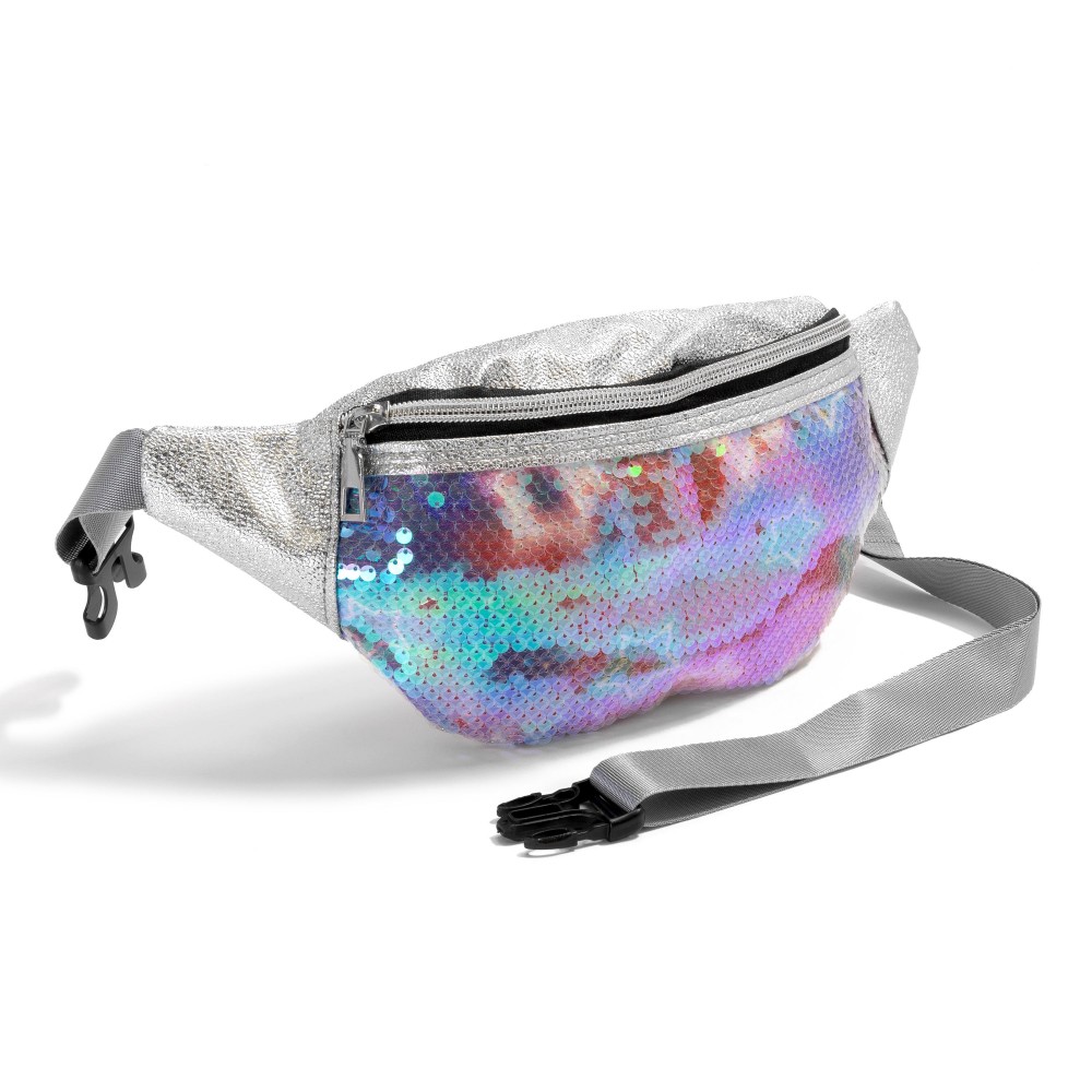 Silver Metallic Faux Leather and Sequin Fanny Pack Sling Bag - Full Zip Closure - Adjustable Buckle Strap - Approximately 11"L x 5"H view 4