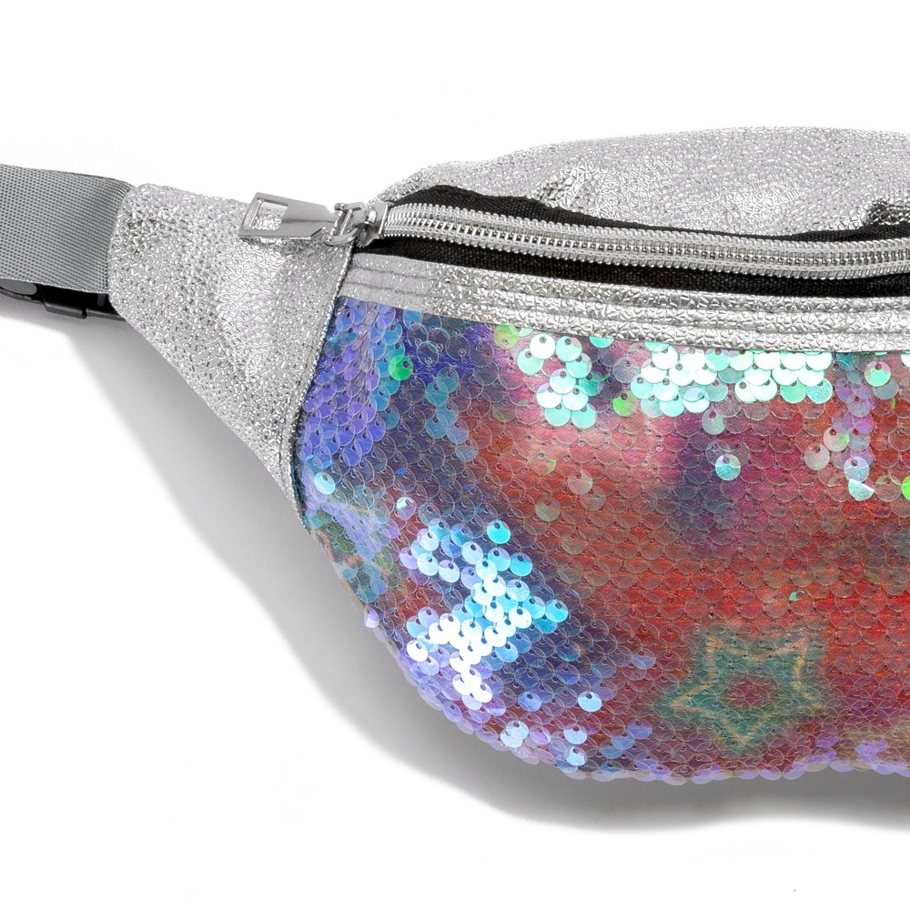 Silver Metallic Faux Leather and Sequin Fanny Pack Sling Bag - Full Zip Closure - Adjustable Buckle Strap - Approximately 11"L x 5"H view 6