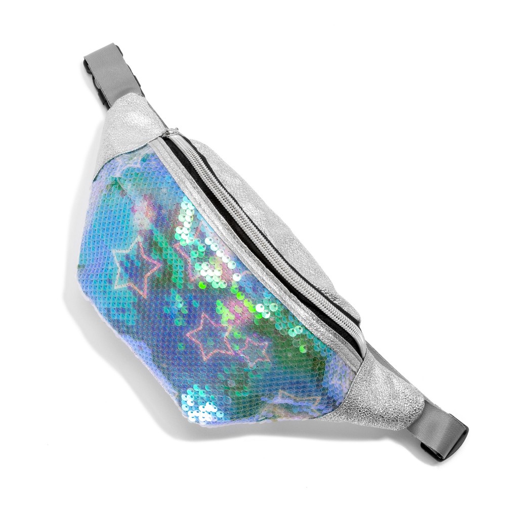 Silver Metallic Faux Leather and Sequin Fanny Pack Sling Bag - Full Zip Closure - Adjustable Buckle Strap - Approximately 11"L x 5"H view 2