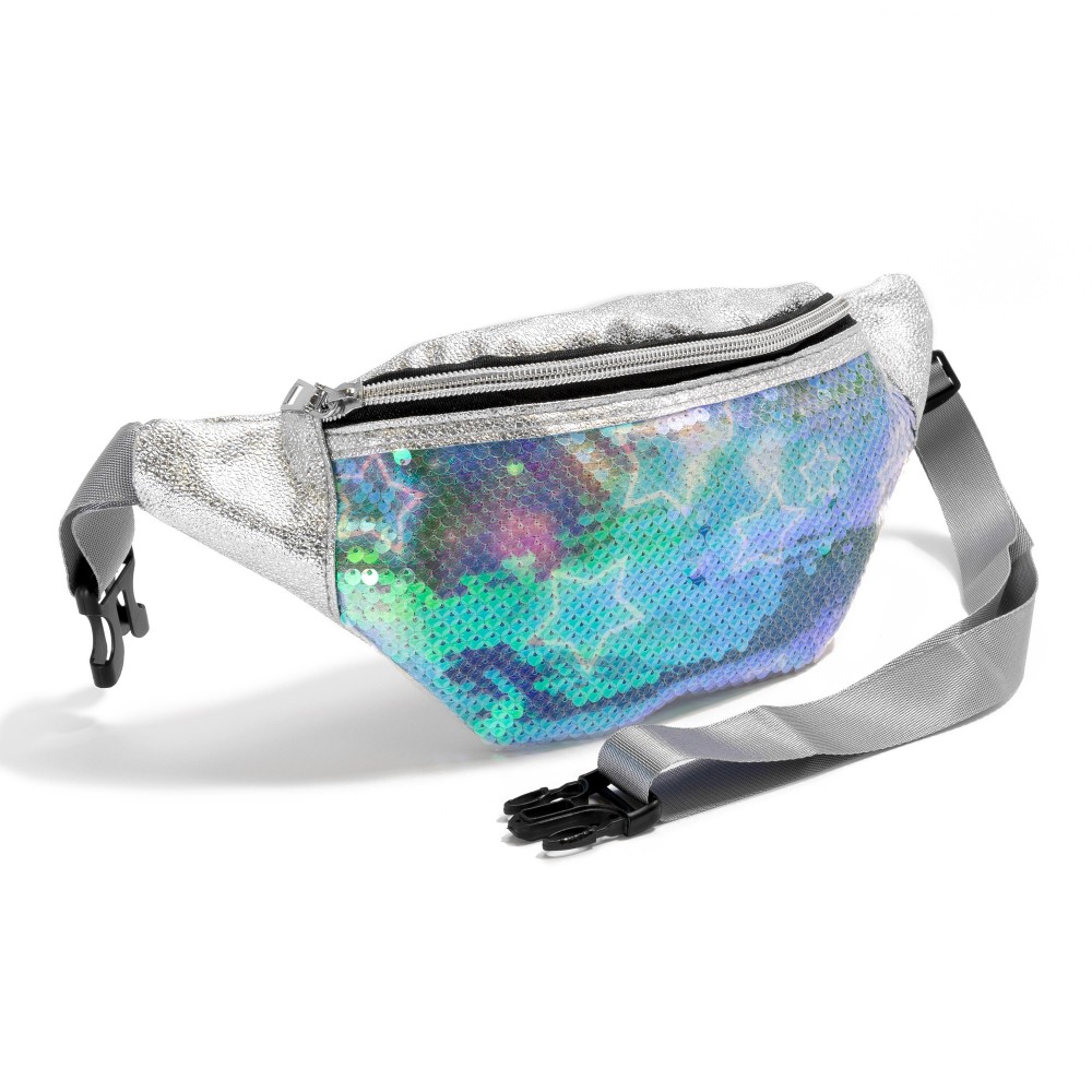 Silver Metallic Faux Leather and Sequin Fanny Pack Sling Bag - Full Zip Closure - Adjustable Buckle Strap - Approximately 11"L x 5"H view 4