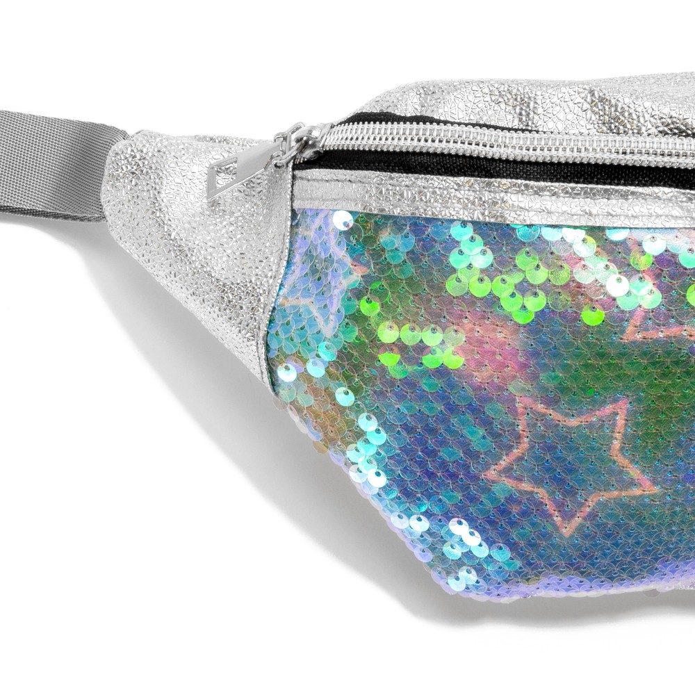 Silver Metallic Faux Leather and Sequin Fanny Pack Sling Bag - Full Zip Closure - Adjustable Buckle Strap - Approximately 11"L x 5"H view 6