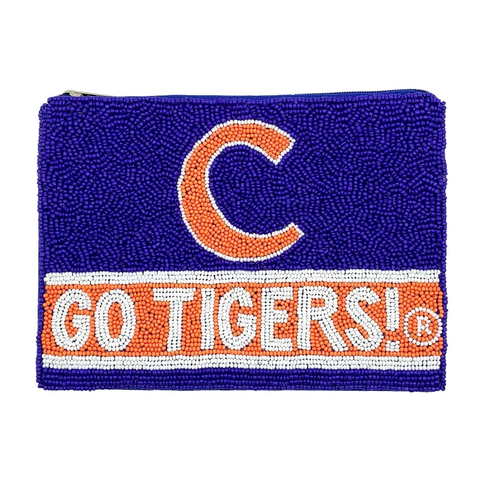Officially Licensed Clemson Seed Beaded 'C Go Tigers! ®' Pouch - Lined Interior - 100% Cotton - Full Zipper Closure - Approximately 7"W X 5" T view 2