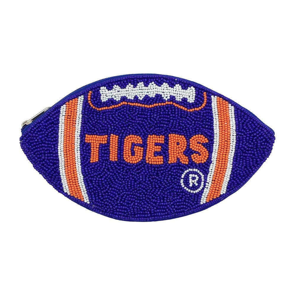 Officially Licensed Clemson Seed Beaded 'Tigers ®' Football Pouch - Lined Interior - 100% Cotton - Full Zipper Closure - Approximately 7"W X 4.5" T view 2