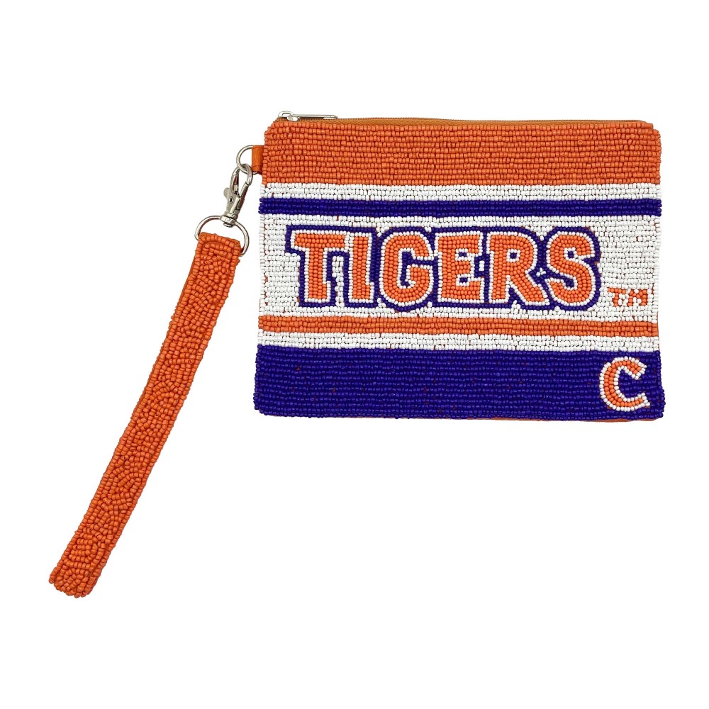 Officially Licensed LSU Tigers Seed Beaded 'Tigers ™' Wristlet - Lined Interior - 100% Cotton - Full Zipper Closure - Approximately 7"W X 5" T - Removable Beaded Wristlet Strap view 2