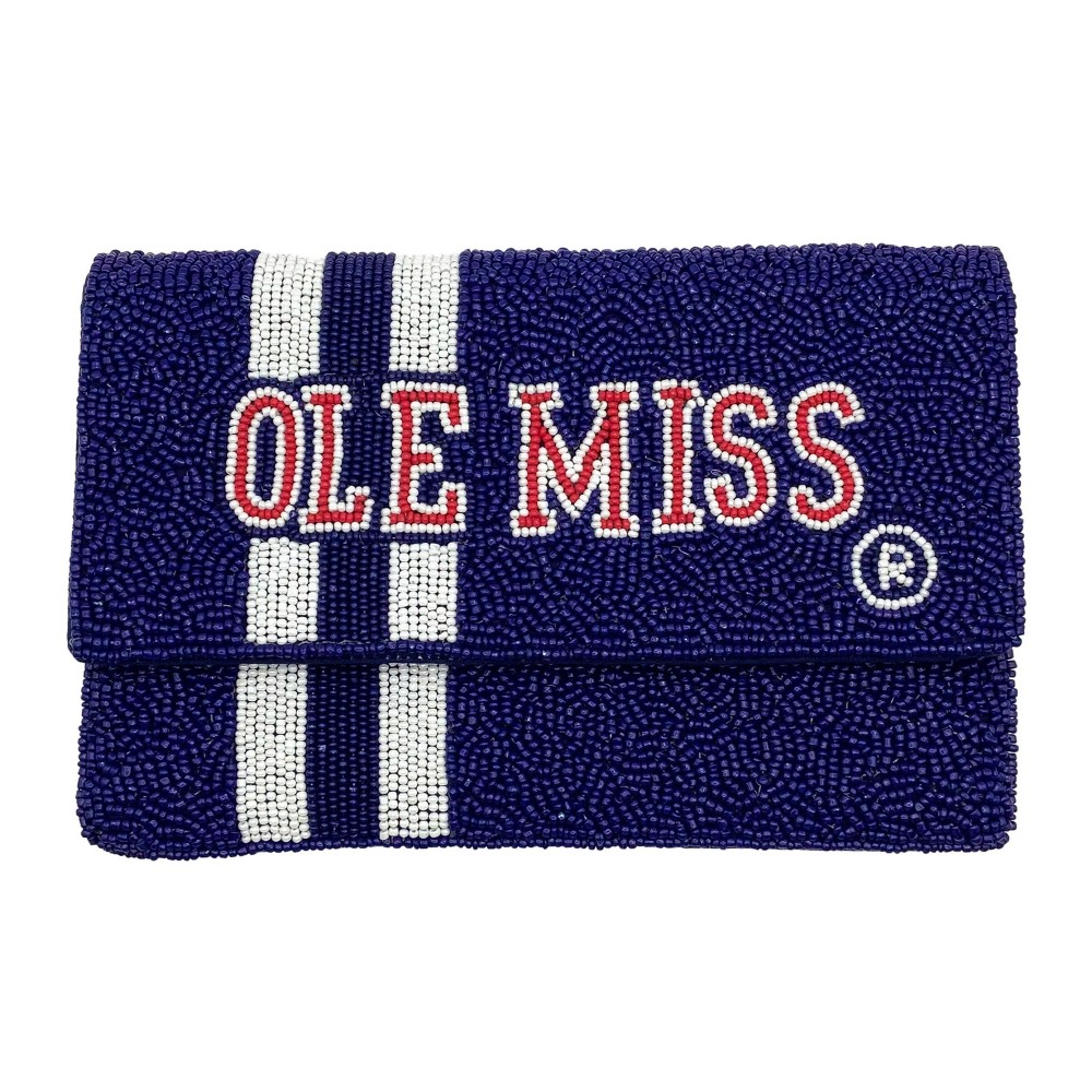 Officially Licensed Ole Miss ® Seed Beaded Crossbody Clutch - 100% Cotton - Magnet Button Closure - Body Approximately 7.25" W X 5" T - Removable Chain Strap With 21" Drop - Lined Body With One Internal Open Pocket view 2