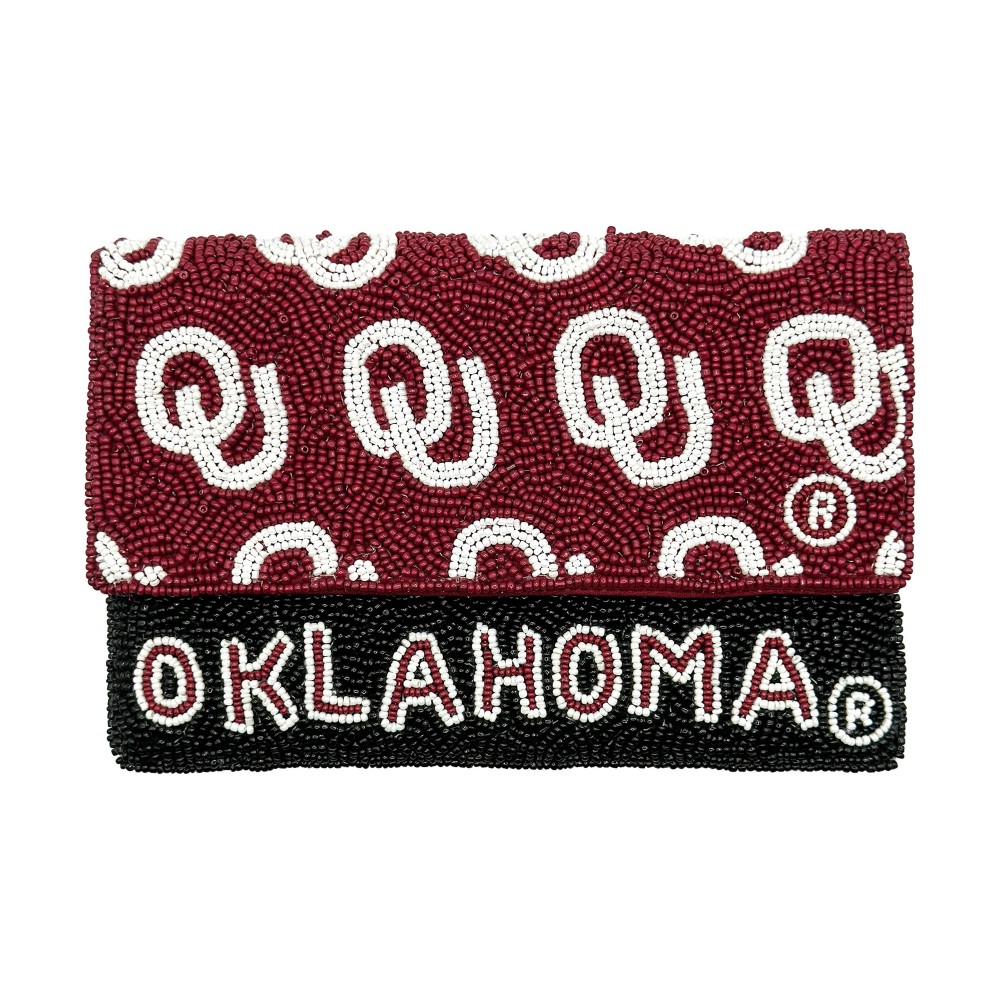 Officially Licensed Oklahoma ® Seed Beaded Crossbody Clutch With Vertical Stripe - 100% Cotton - Magnet Button Closure - Body Approximately 7.25" W X 5" T - Removable Chain Strap With 21" Drop - Lined Body With One Internal Open Pocket view 2