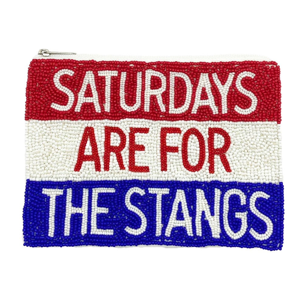 Officially Licensed SMU Seed Beaded 'Saturdays Are For The Stangs' Pouch - Lined Interior - 100% Cotton - Full Zipper Closure - Approximately 7"W X 5" T view 2