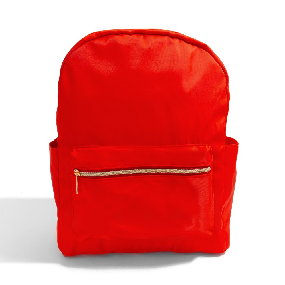 Nylon Backpack With Gold Hardware - Full Zipper Closure - Water and Stain Resistant Material - One Front Pocket / Main Body With Internal Zipper Pocket - Side Beverage Pockets - Padded Shoulder Strap - Adjustable Straps Fit Most - Approximately 16" T X 12" W X 4.5" D view 2
