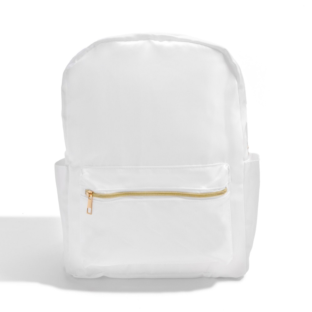 Nylon Backpack With Gold Hardware - Full Zipper Closure - Water and Stain Resistant Material - One Front Pocket / Main Body With Internal Zipper Pocket - Side Beverage Pockets - Padded Shoulder Strap - Adjustable Straps Fit Most - Approximately 16" T X 12" W X 4.5" D view 2