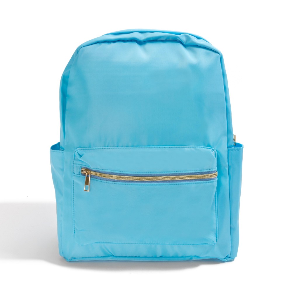 Nylon Backpack With Gold Hardware - Full Zipper Closure - Water and Stain Resistant Material - One Front Pocket / Main Body With Internal Zipper Pocket - Side Beverage Pockets - Padded Shoulder Strap - Adjustable Straps Fit Most - Approximately 16" T X 12" W X 4.5" D view 2