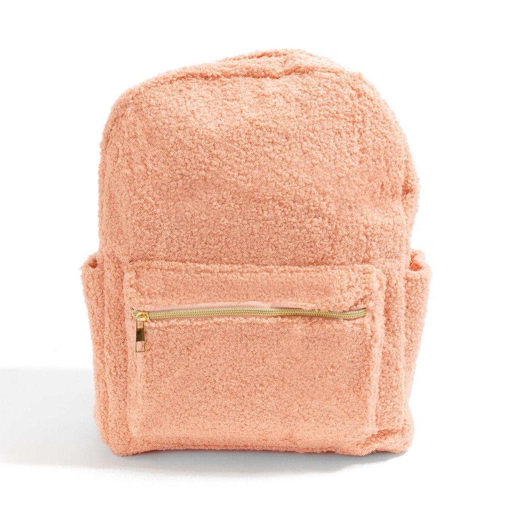 Sherpa Shoulder Backpack With Gold Hardware - Full Zipper Closure - Water and Stain Resistant Material - One Front Pocket / Main Body With Internal Zipper Pocket - Side Beverage Pockets - Padded Shoulder Strap - Adjustable Straps Fit Most - Approximately 16" T X 12" W X 4.5" D view 2