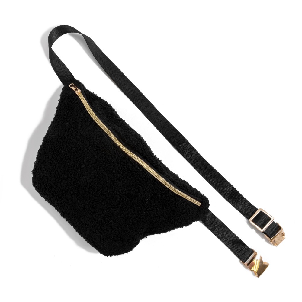 Sherpa Fanny Pack With Gold Hardware - Full Zipper Closure - Lined Body - Approximately 11" W X 7" T - Adjustable Straps 34-45" L view 2
