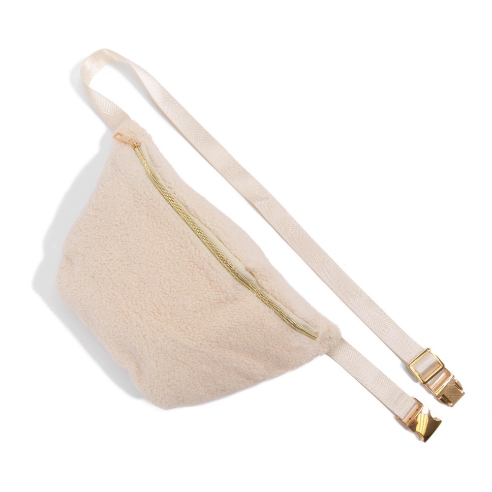 Sherpa Fanny Pack With Gold Hardware - Full Zipper Closure - Lined Body - Approximately 11" W X 7" T - Adjustable Straps 34-45" L view 2