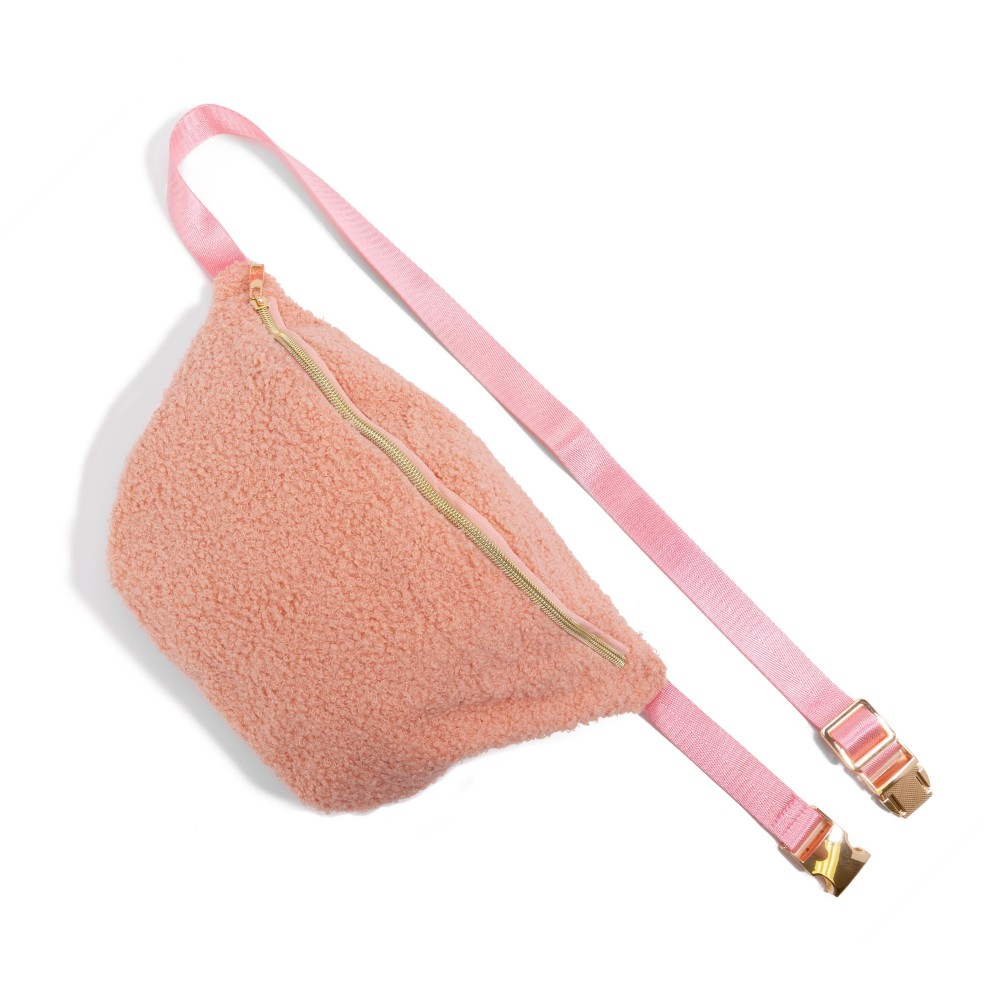 Sherpa Fanny Pack With Gold Hardware - Full Zipper Closure - Lined Body - Approximately 11" W X 7" T - Adjustable Straps 34-45" L view 2
