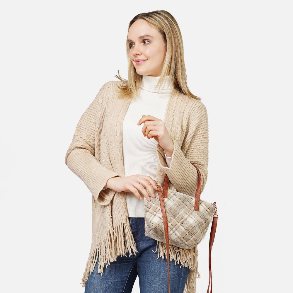 Stitch Plaid Print Crossbody Purse - Full Zipper Closure - Lined Body With 1 Open Internal Pocket - Removable / Adjustable Crossbody Strap - Approximately 9"W X 6" T X 3.5" D - Crossbody Drop 13-26" L - Handle Drop 4" L - 100% Polyester view 2