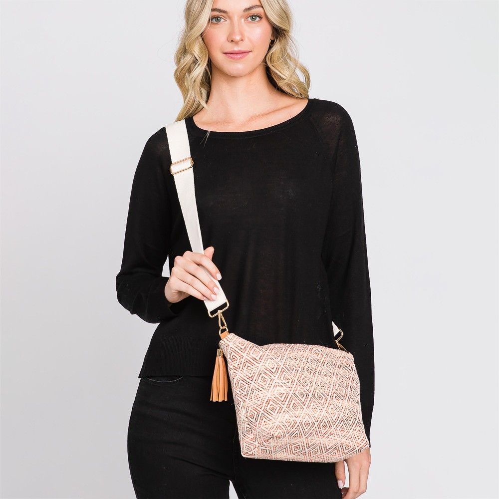 Knit Diamond Western Cross Body Bag With Tassel Zipper - Full Zipper Closure - Removable / Adjustable Strap - Lined Body With One Open Internal Pocket - Body Approximately 11.5" W X 8"T X 3" D - Strap Drop Adjustable 14-26" L - 100% Polyester view 4