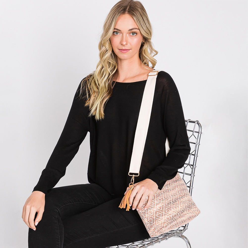 Knit Diamond Western Cross Body Bag With Tassel Zipper - Full Zipper Closure - Removable / Adjustable Strap - Lined Body With One Open Internal Pocket - Body Approximately 11.5" W X 8"T X 3" D - Strap Drop Adjustable 14-26" L - 100% Polyester view 6