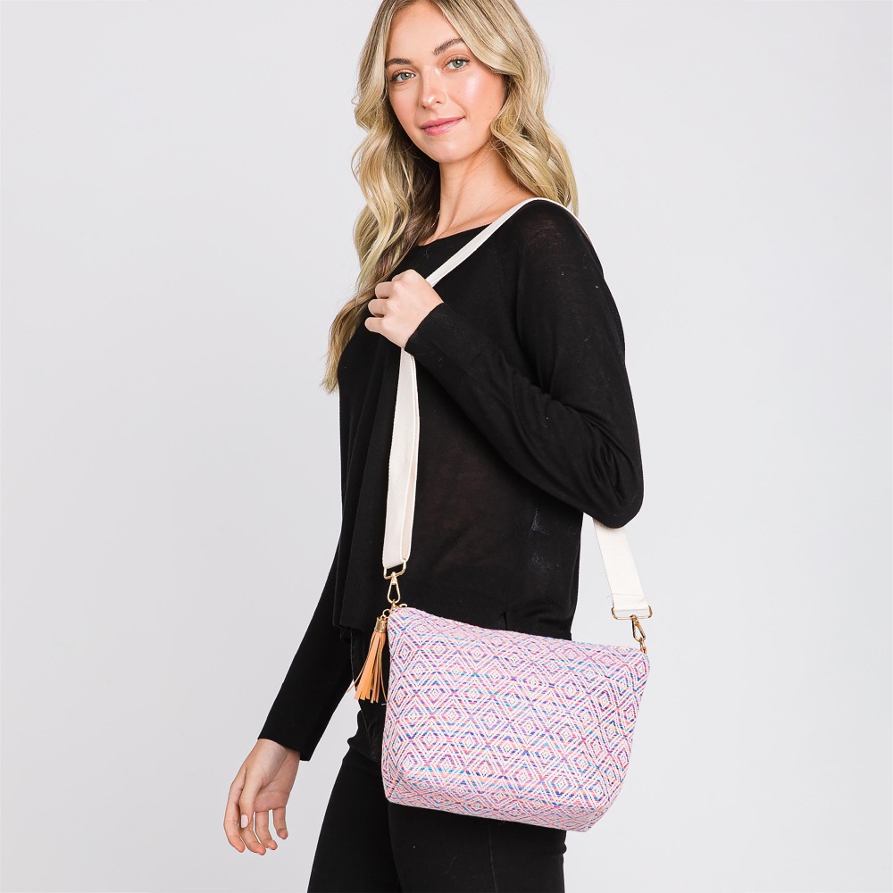 Knit Diamond Western Cross Body Bag With Tassel Zipper - Full Zipper Closure - Removable / Adjustable Strap - Lined Body With One Open Internal Pocket - Body Approximately 11.5" W X 8"T X 3" D - Strap Drop Adjustable 14-26" L - 100% Polyester view 4