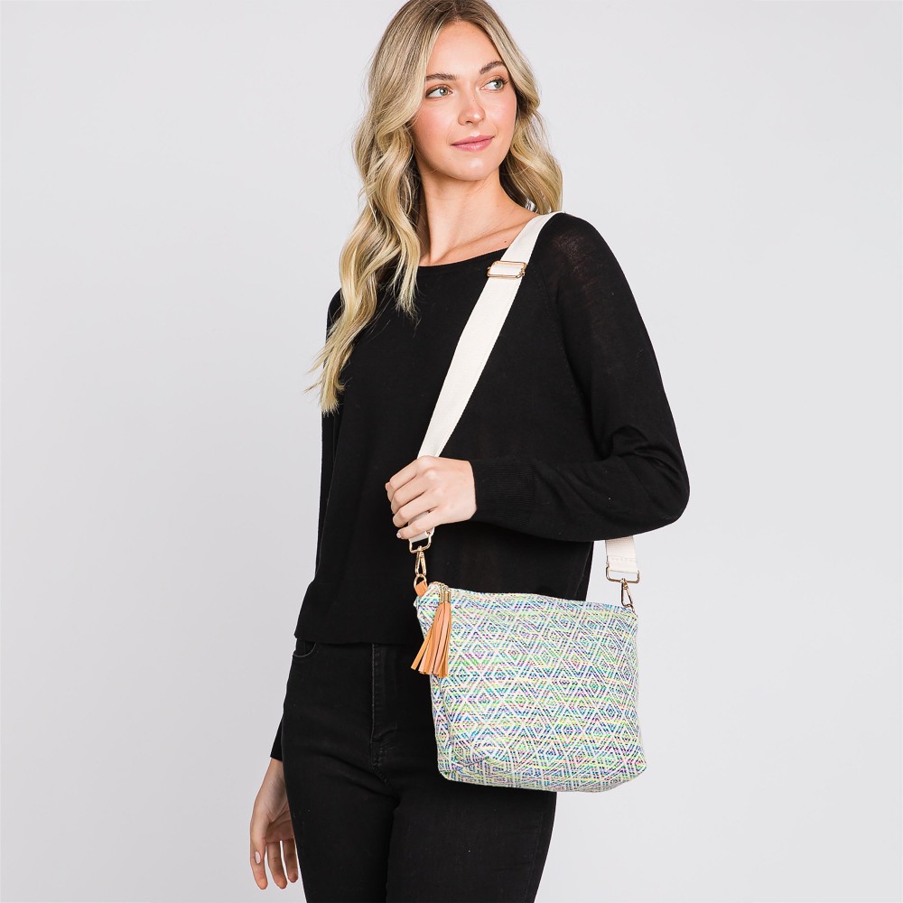 Knit Diamond Western Cross Body Bag With Tassel Zipper - Full Zipper Closure - Removable / Adjustable Strap - Lined Body With One Open Internal Pocket - Body Approximately 11.5" W X 8"T X 3" D - Strap Drop Adjustable 14-26" L - 100% Polyester view 2