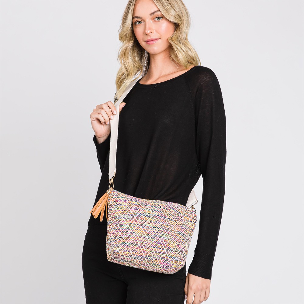 Knit Diamond Western Cross Body Bag With Tassel Zipper - Full Zipper Closure - Removable / Adjustable Strap - Lined Body With One Open Internal Pocket - Body Approximately 11.5" W X 8"T X 3" D - Strap Drop Adjustable 14-26" L - 100% Polyester view 2