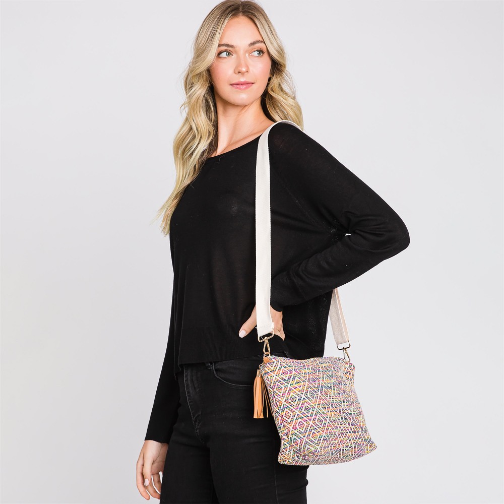 Knit Diamond Western Cross Body Bag With Tassel Zipper - Full Zipper Closure - Removable / Adjustable Strap - Lined Body With One Open Internal Pocket - Body Approximately 11.5" W X 8"T X 3" D - Strap Drop Adjustable 14-26" L - 100% Polyester view 6