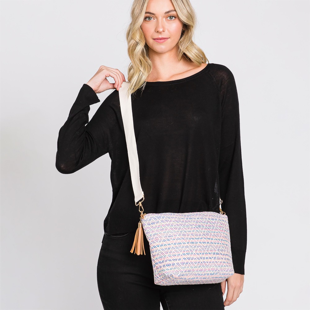 Knit Diamond Western Cross Body Bag With Tassel Zipper - Full Zipper Closure - Removable / Adjustable Strap - Lined Body With One Open Internal Pocket - Body Approximately 11.5" W X 8"T X 3" D - Strap Drop Adjustable 14-26" L - 100% Polyester view 4