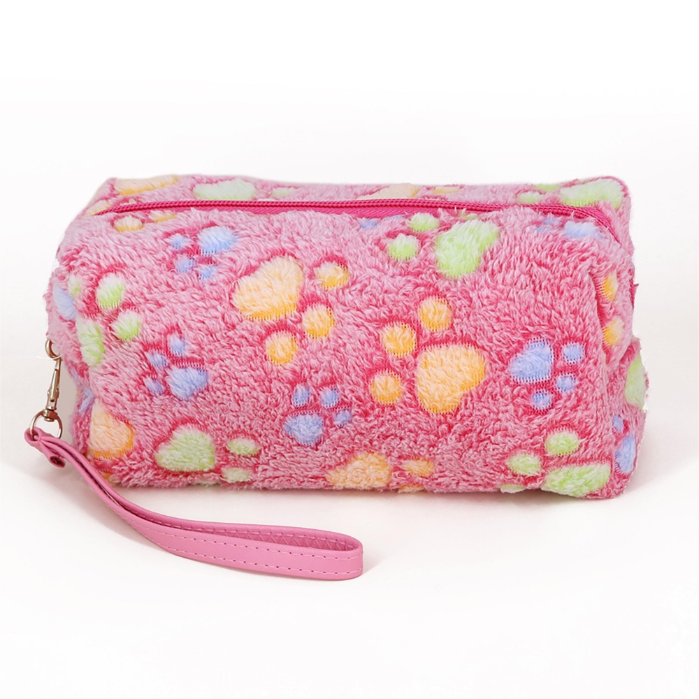 Fuzzy Paw Print Wristlet Pouch - Full Zipper Closure - Lined With Open Internal Pocket - Removable Wristlet Strap Included - Body Approximately 9.5" W X 4.5" T X 3" W view 2