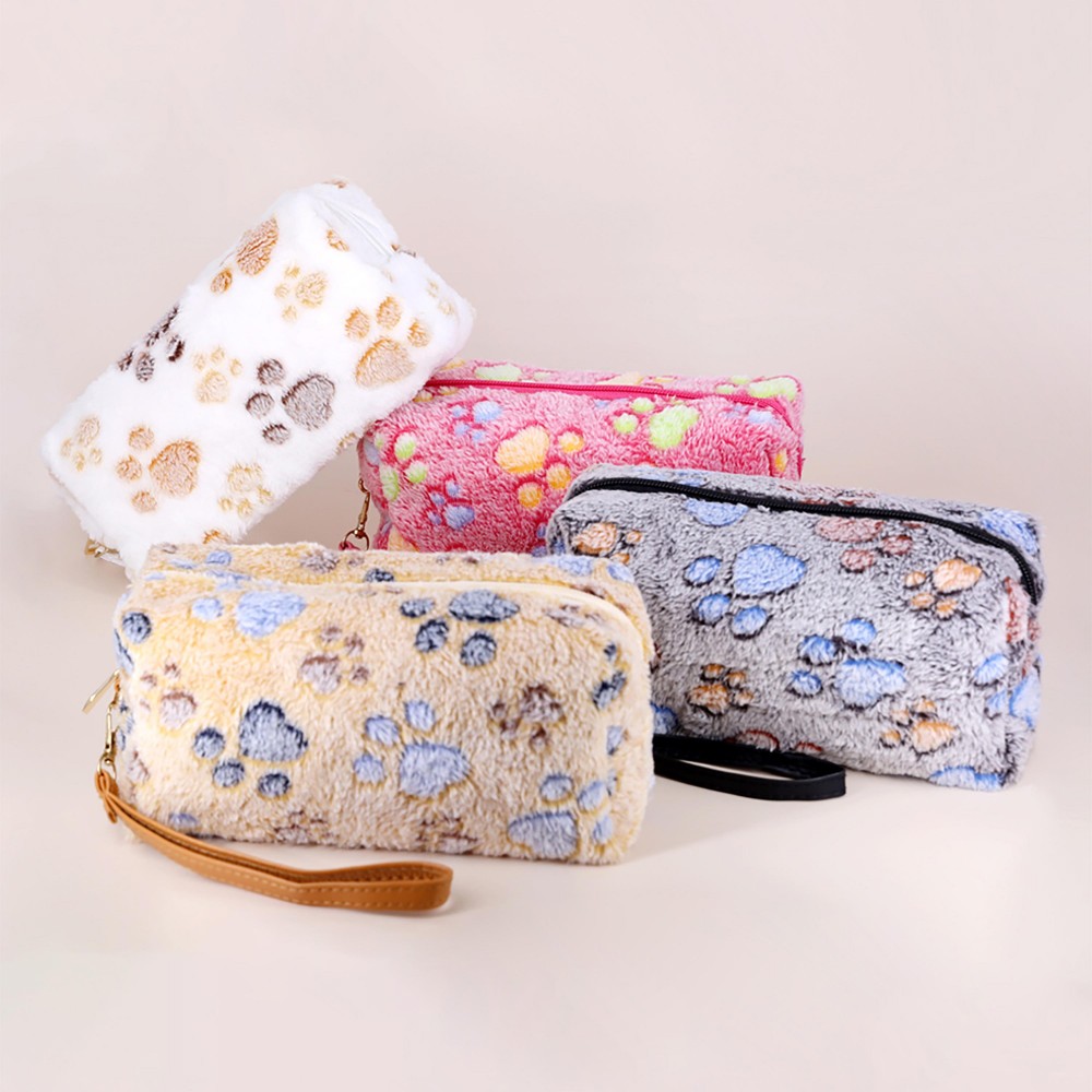Fuzzy Paw Print Wristlet Pouch - Full Zipper Closure - Lined With Open Internal Pocket - Removable Wristlet Strap Included - Body Approximately 9.5" W X 4.5" T X 3" W view 4