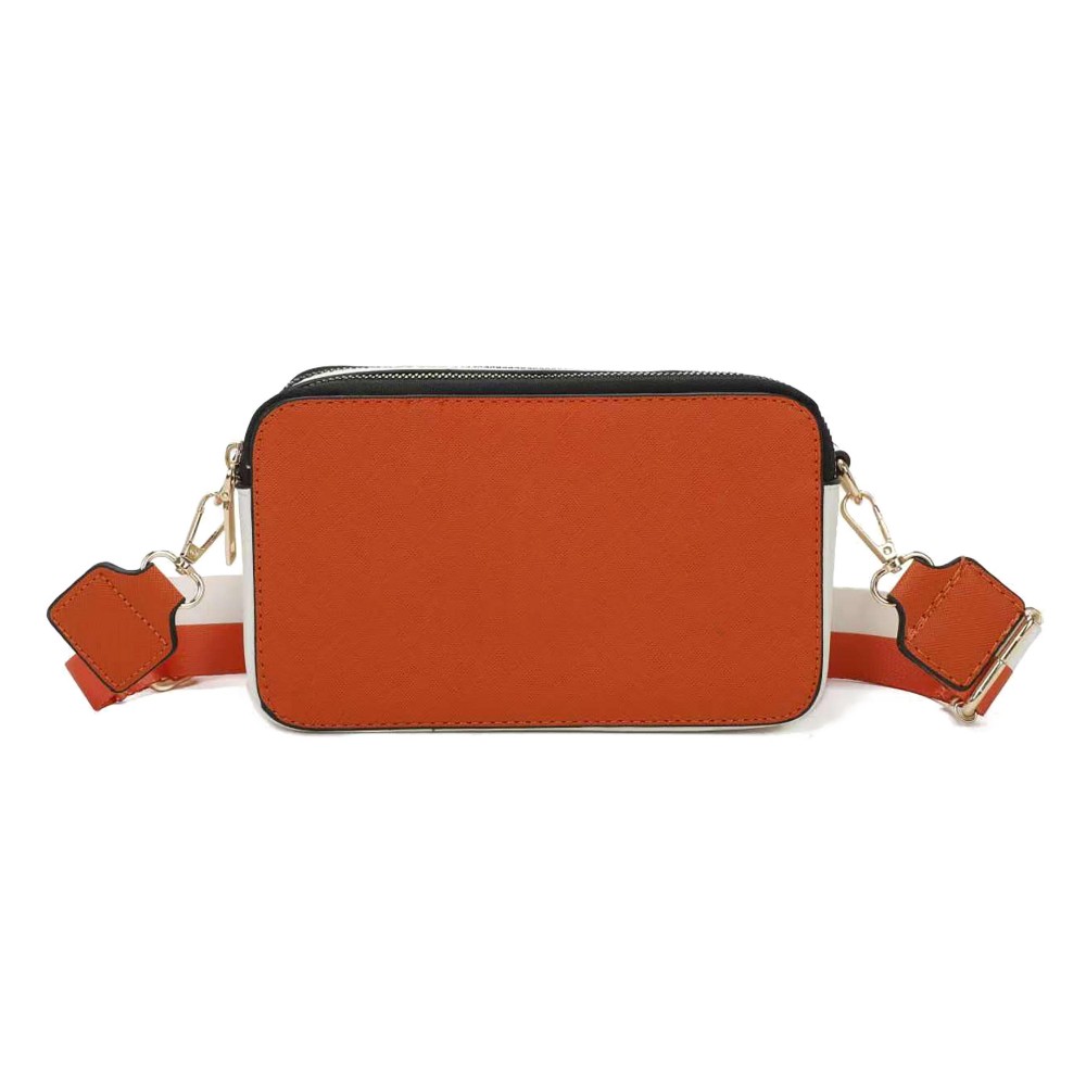 Game Day Two Tone Leather Crossbody - Full Zipper Closure - Two Main Body Pockets / One Open Back Pocket - Two Tone Adjustable/Removable Canvas Strap - Body Approximately 8"W X 5"T X 2"D - Strap Adjustable 25-50" L view 2
